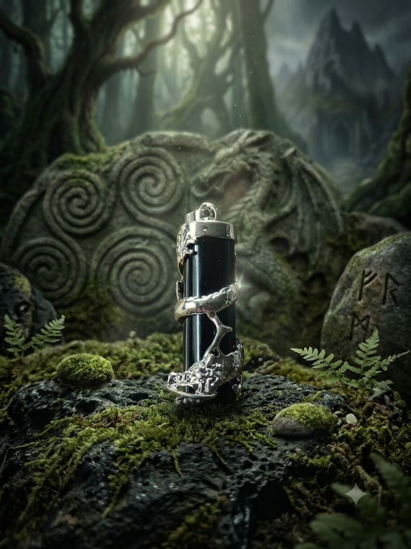 Pendentif Dragon Gardien en Obsidienne Noire — Amulette Totem et Bijou Héroïc Fantasy