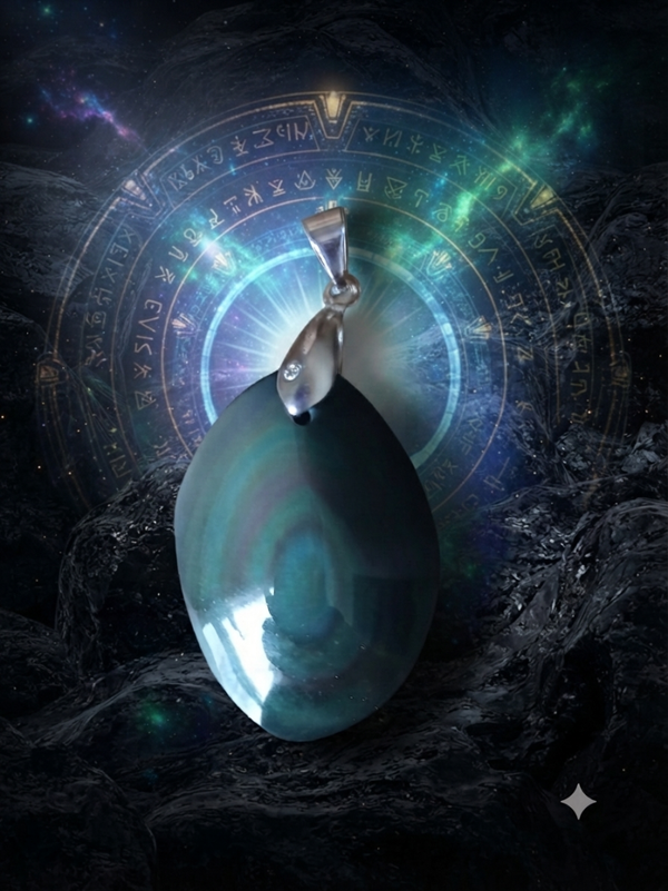 Pendentif "Portail Stellaire" – Obsidienne Œil Céleste & Métal Argenté