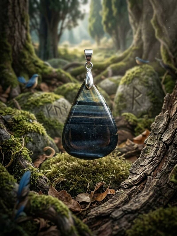 Pendentif Œil de Faucon « La Cime des Aigles » Pierre Naturelle en Goutte