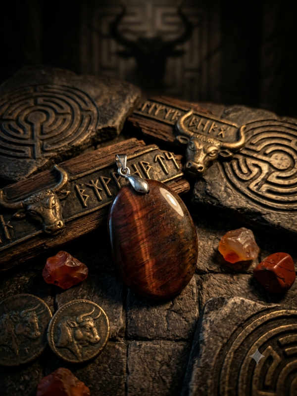Pendentif Œil de Taureau – L'Éclat du Minotaure – Bélière Argentée & Pierre de Courage