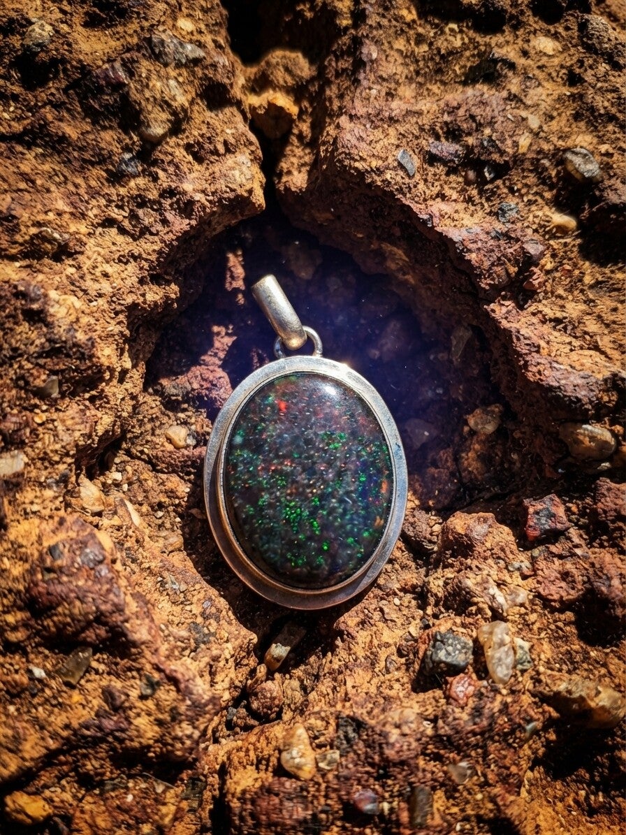 L’Œil des Étoiles — Pendentif en Opale Andamooka (2 cm) & Argent 925