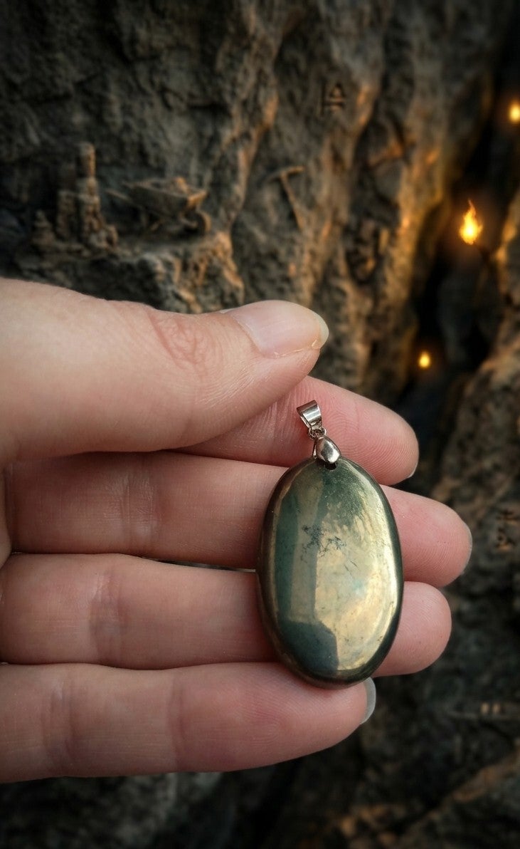 Miroir de l'Âme — Pendentif Pyrite polie et Métal Argenté