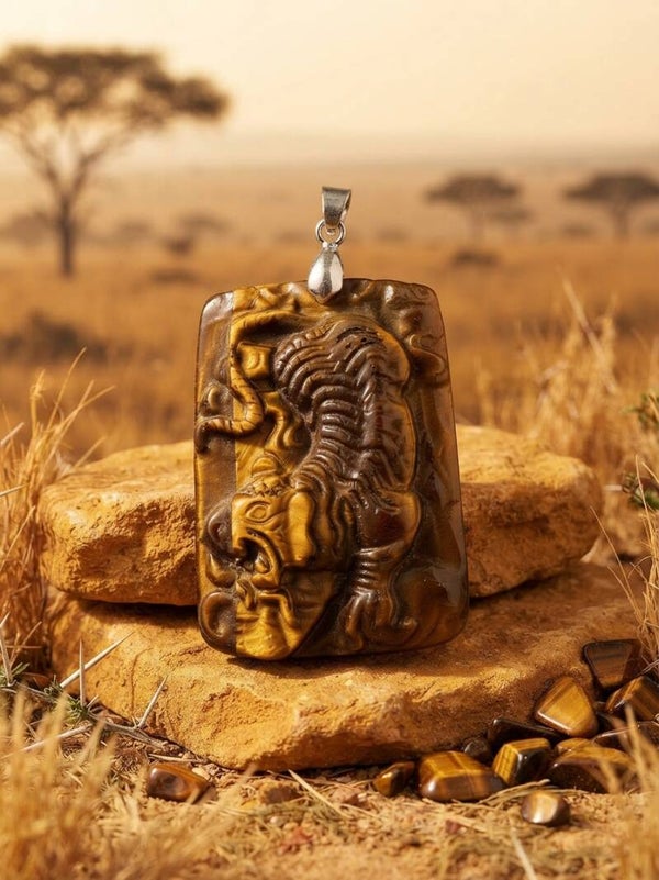 Pendentif Talisman Tigre Gravé en Œil de Tigre Naturel