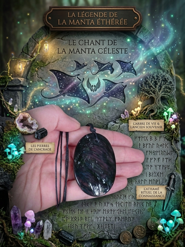 Pendentif XL Manta Mystique – Pierre d'Ancrage & Cordon Noir Ciré à Nouer