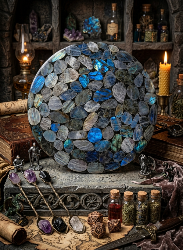 Plateau Magique en Labradorite & Résine – Bouclier d'Aurore Boréale