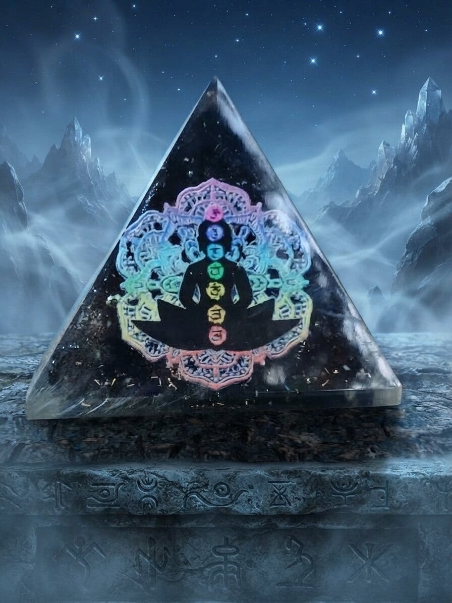 Pyramide de l'Éveil des Sept Foyers — Orgonite & Tourmaline Noire