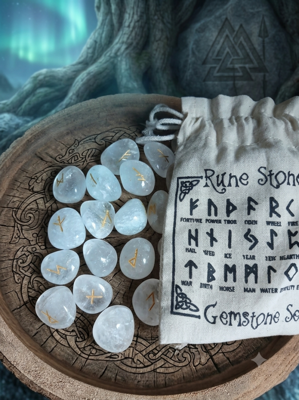 Jeu de Runes en Cristal de Roche – Coffret de Divination Futhark avec Pochon en Lin