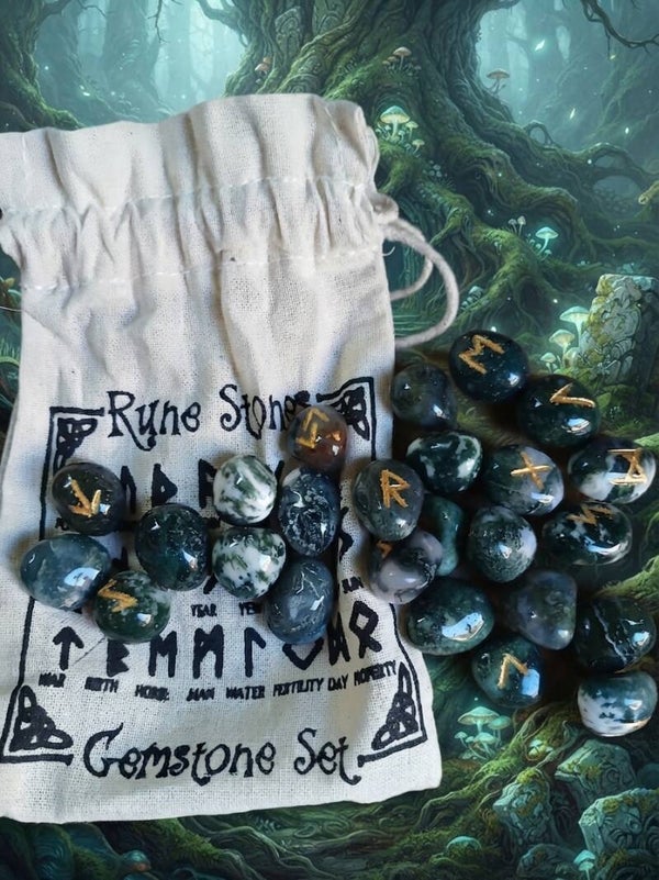 Set de Runes Divinatoires en Agate Mousse - L'Oracle Sylvestre