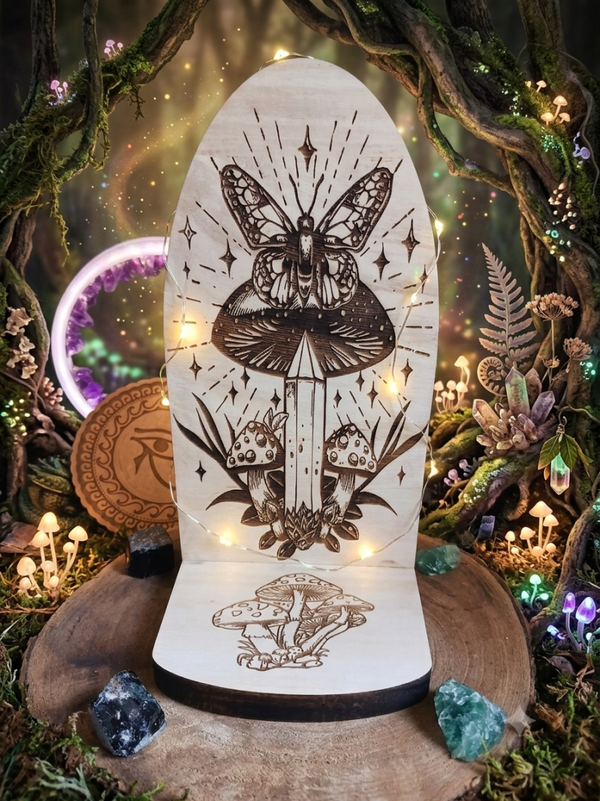 Support d'Autel & Présentoir Sacré en Bois Gravé – "Papillon, Cristal & Champignons Mystiques"