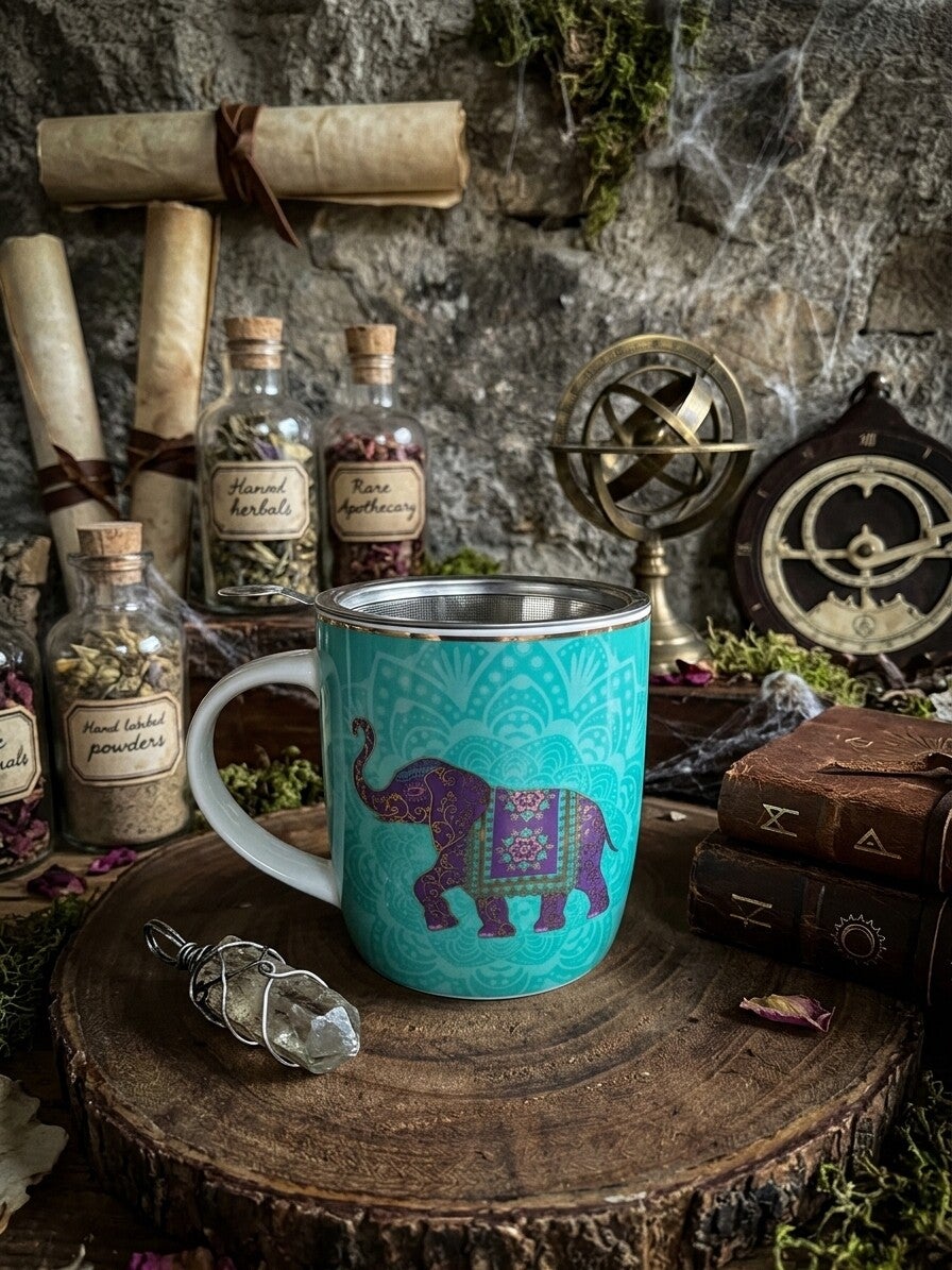 Tasse à Thé avec Infuseur « Éléphant Céleste » Porcelaine Osseuse & Or Véritable