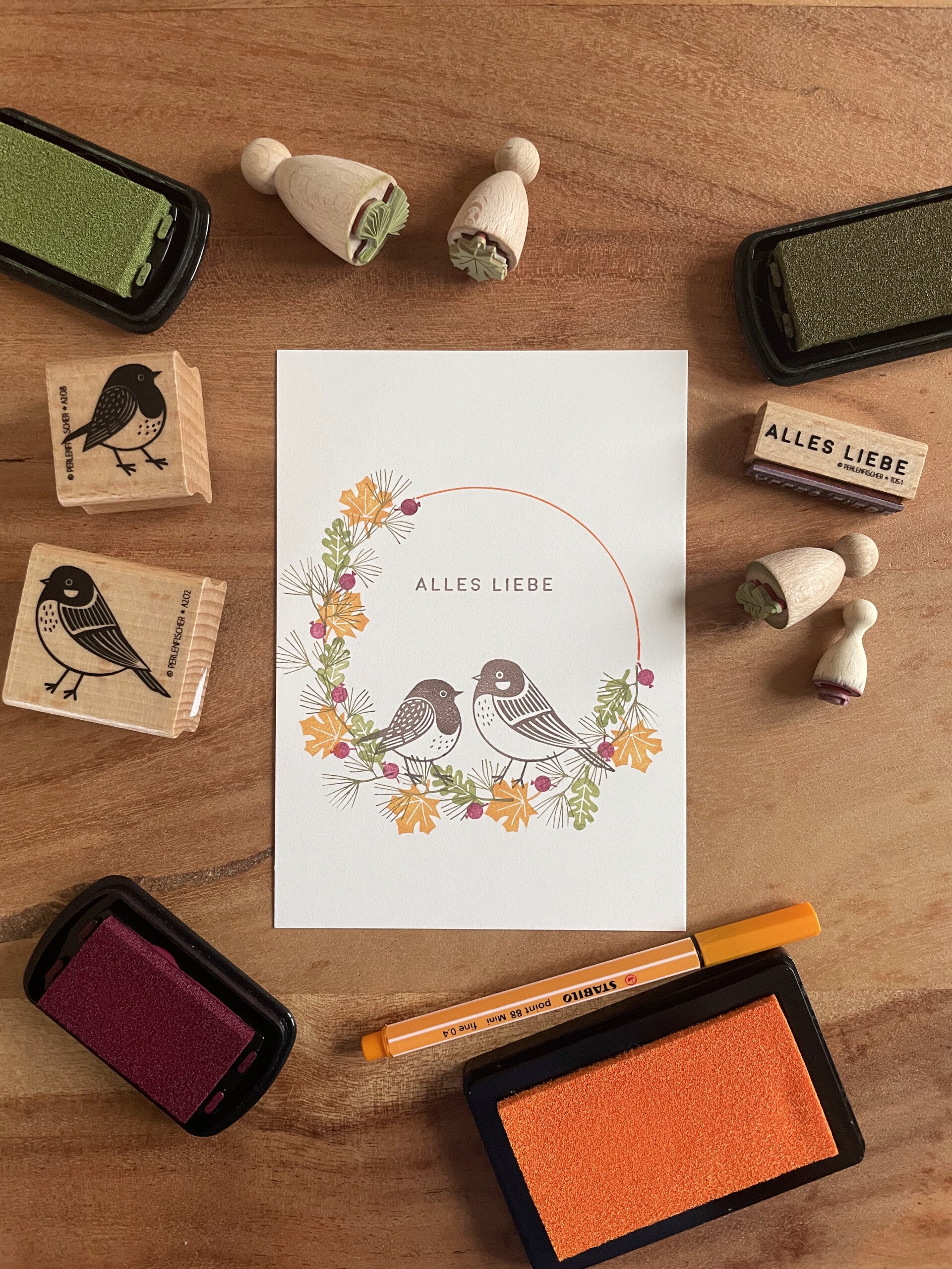 Handgestempelte Grusskarte - Alles Liebe