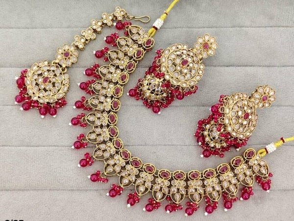 Antique Kundane and crystal pearl jewellery set with neckless, jhumka & maangtikka