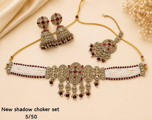 Antique Gold pearl Strand shadow choker set with maang tikka code PB-SH-C-1
