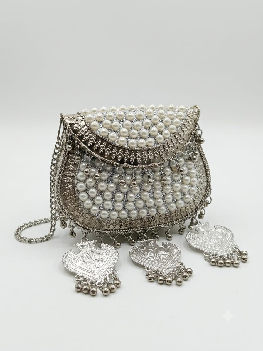 Pearl work brass mini Kundan Clutches with Danglers*