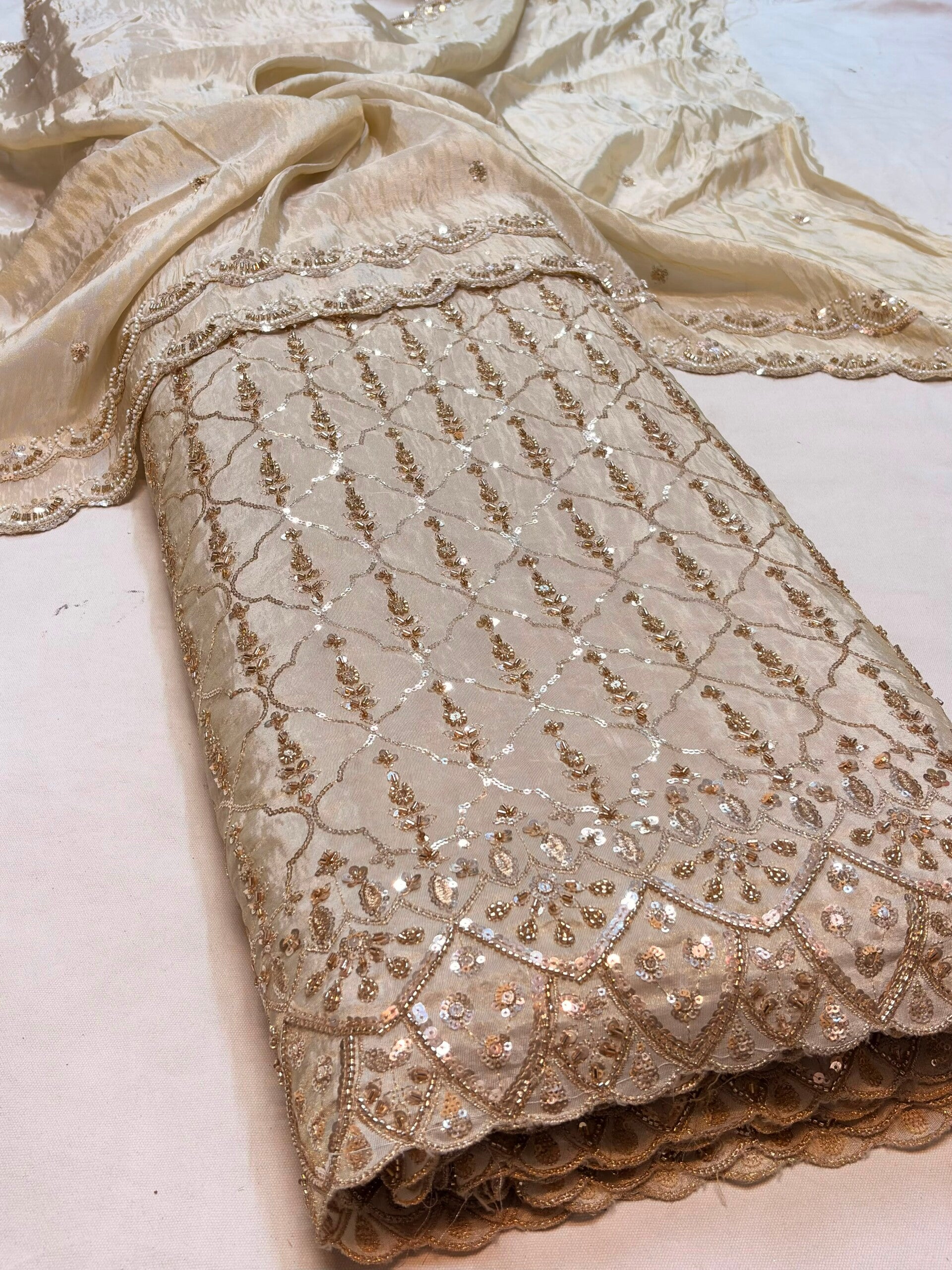 CutDana • Sequin embroidered Dyeable Base Shimmer Tissue Daman & Dupatta Fabric .. ( Beautiful Design with Scallop Borders ) Fabric only