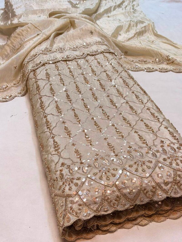 CutDana • Sequin embroidered Dyeable Base Shimmer Tissue Daman & Dupatta Fabric .. ( Beautiful Design with Scallop Borders ) Fabric only
