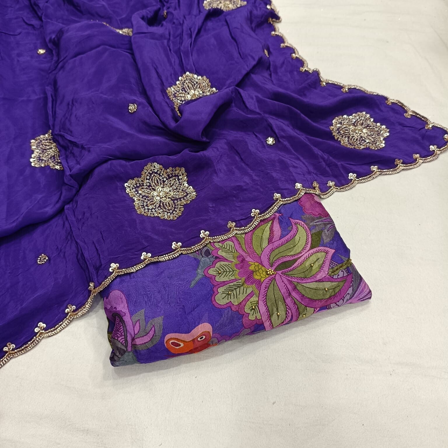 Pure viscose glass organza position print cutdana handwork  Pure crape cutdana handwork dupatta