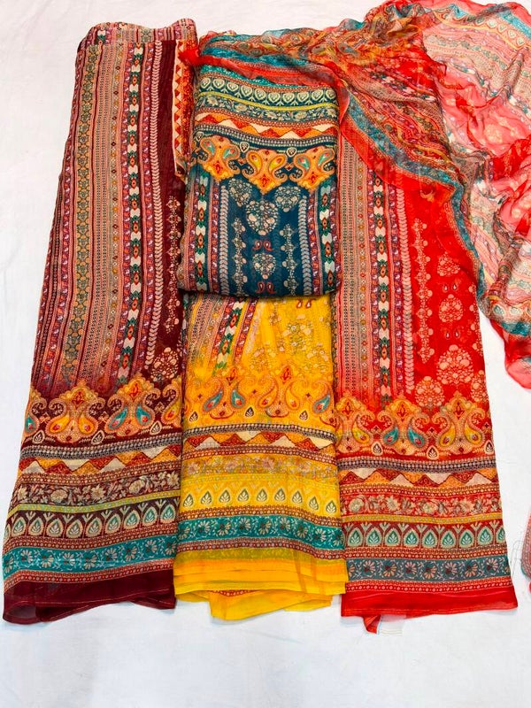 premium organza digital print fabric complemented by a matching pure chiffon digital print dupatta.