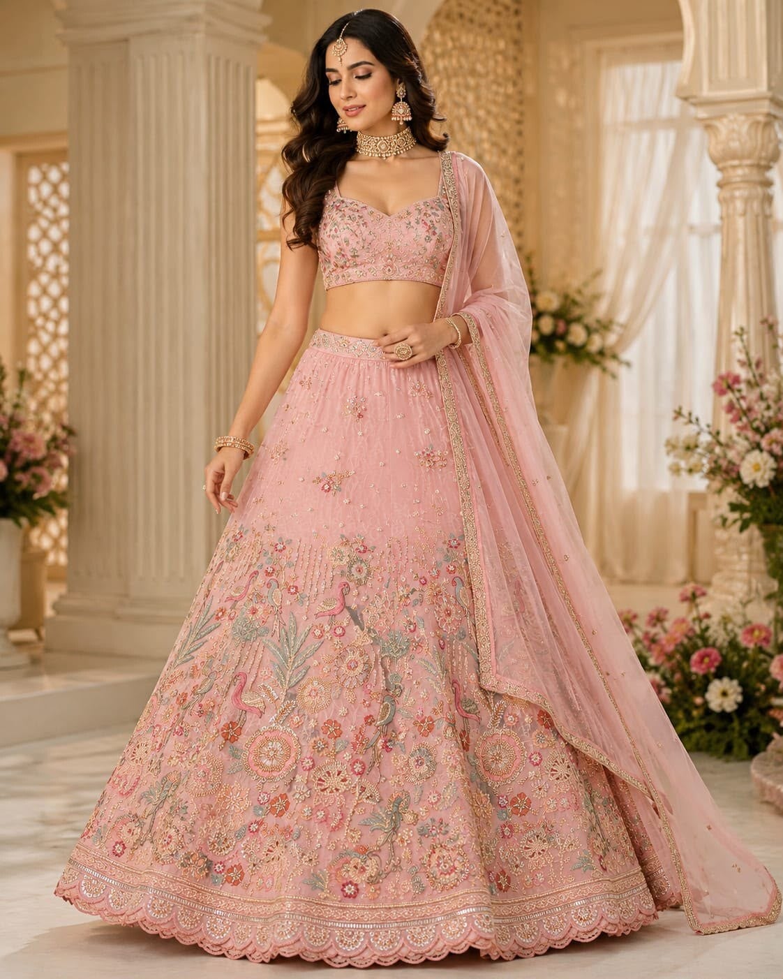 Big width hand embroiderd crepe @52” With Both side hand embroiderd chinon for dupatta  42”
