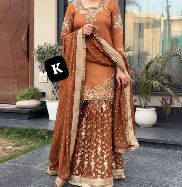 Unstitched 3 piece wedding guest, Bridal out fit, brides maid ,plazo,sharara, lehnga