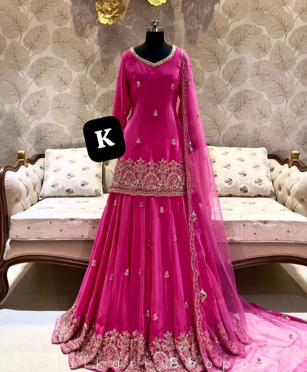 boutique launching a beautiful design  New article  Full heavy handwork  Pure dechne crape fabric   Heavy shirt full heavy handwork ghera   Sharara full heavy handwork   Viscose Chinon duppta heavy handwork with four side   Bridal, sharara, lehnga, Garar