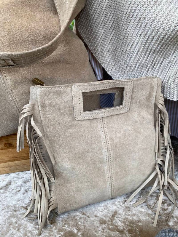 Suède schoudertasje met franjes Beige