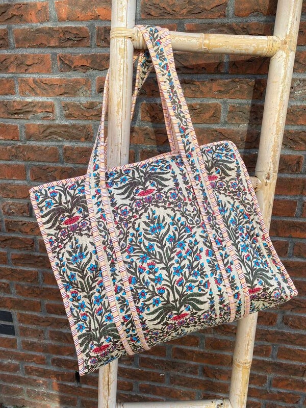 Shopper Bloem Beige/Blauw/Groen