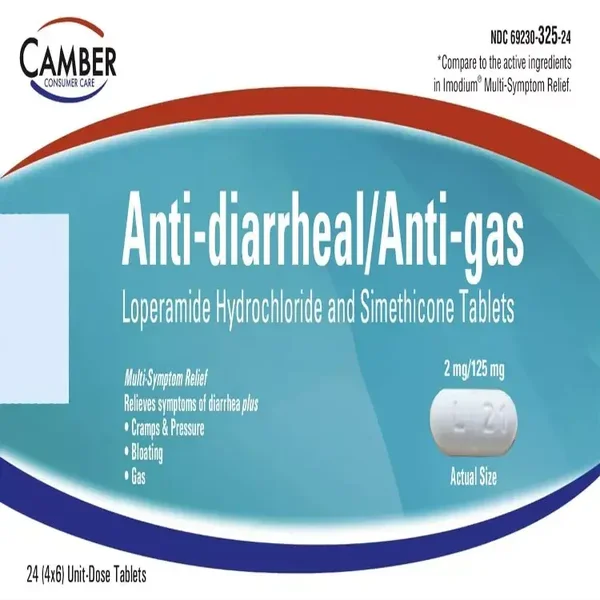 CAMBER PHARMACEUTICALS, INC  Camber Loperamide and Simethicone Multi-Symptom Tablets, Anti-Diarrheal and Anti-Gas, 24 Count