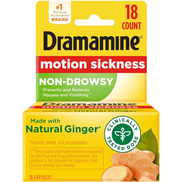 Dramamine Non-Drowsy Naturals Motion Sickness 18 Capsules - Natural Ginger to Relieve Travel Nausea & Motion Sickness Without Drowsiness