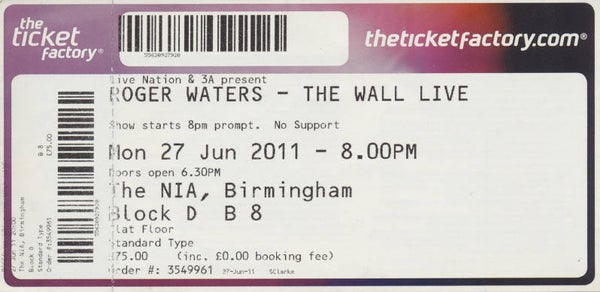 Roger Waters - The Wall Live - The NIA, Birmingham, June 27, 2011 - Ticket Stub