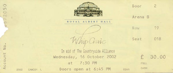 Roger Waters - Whip Craig, Royal Albert Hall, October 16, 2002 - Ticket Stub