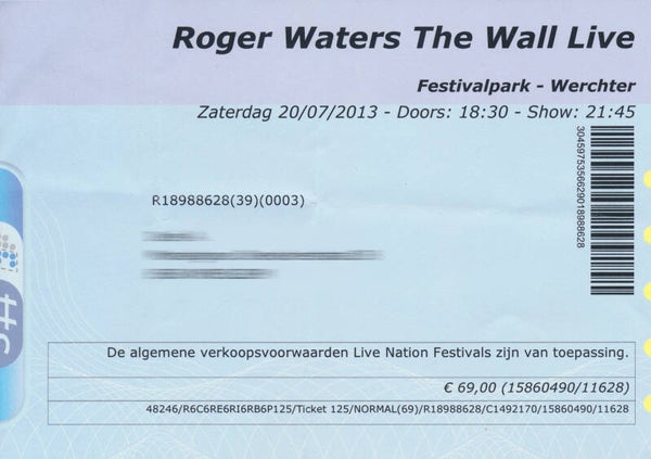 Roger Waters - The Wall Live - Festivalpark, Werchter, July 20, 2013 [Belgium] - Ticket