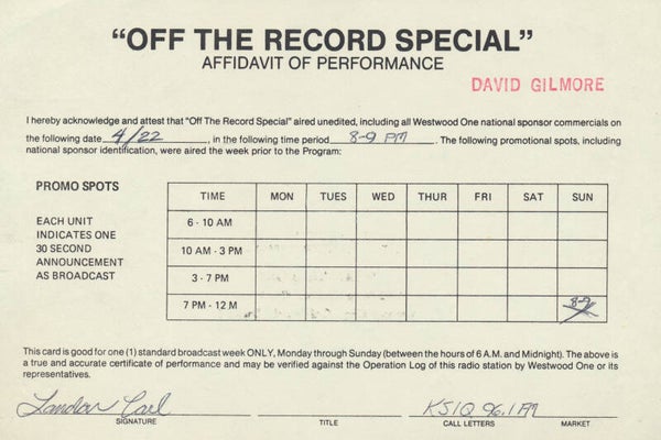 David Gilmour - In Concert [USA, radio show promo] - 2LP