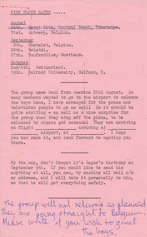 Pink Floyd - Pink Floyd Fan Club Newsletter - August 25, 1968 [UK] - Memorabilia