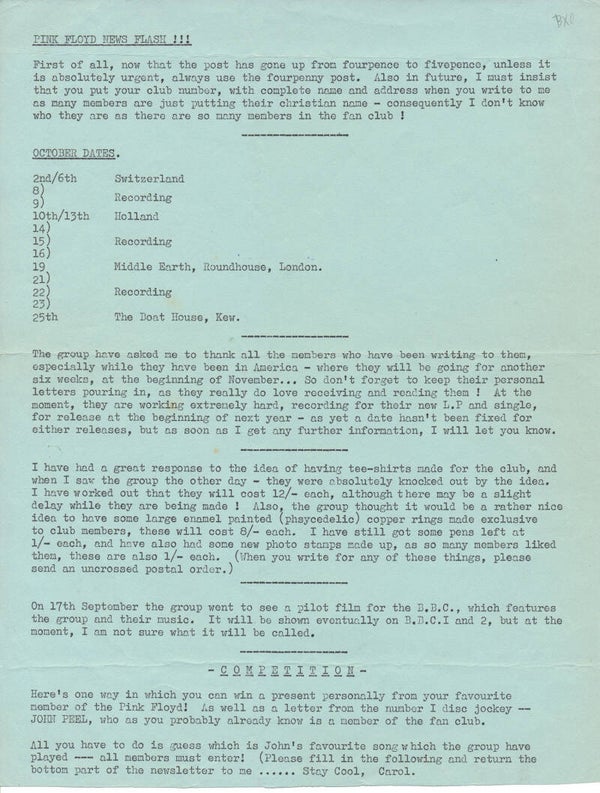 Pink Floyd - Pink Floyd Fan Club Newsletter - October, 1968 [UK] - Memorabilia