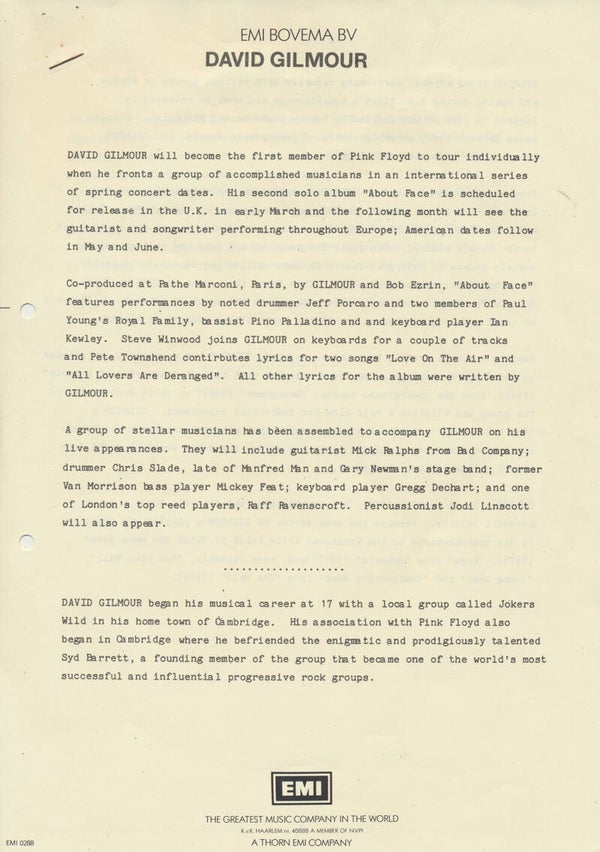 David Gilmour - About Face [Holland] - Press Release