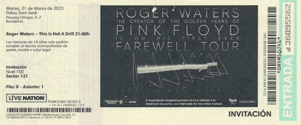 Roger Waters - Palau San Jordi, Barcelona, March 21, 2023 [Spain] - Invitation Ticket Stub