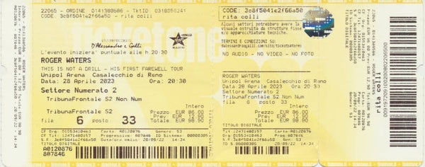 Roger Waters - Unipol Arena, Casalecchio di Reno, April 28, 2023 [Italy] - Ticket Stub