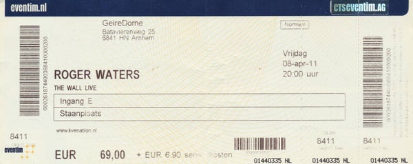 Roger Waters - The Wall Live - Gelredome, Arnhem, April 8, 2011 [Holland] - Ticket