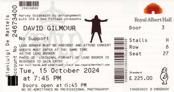 David Gilmour - Royal Albert Hall, London, 15 October 2024 [UK] - Ticket Stub