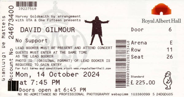 David Gilmour - Royal Albert Hall, London, 14 October 2024 [UK] - Ticket Stub