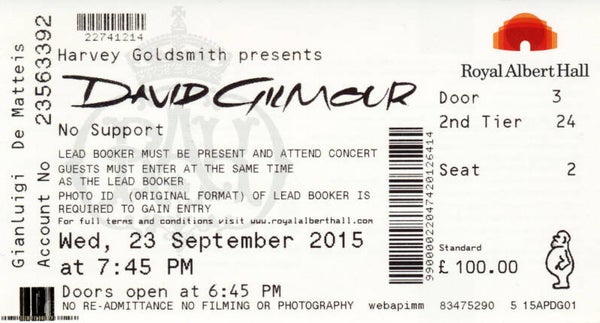 David Gilmour - Royal Albert Hall, London, 23 September 2015 [UK] - Ticket Stub