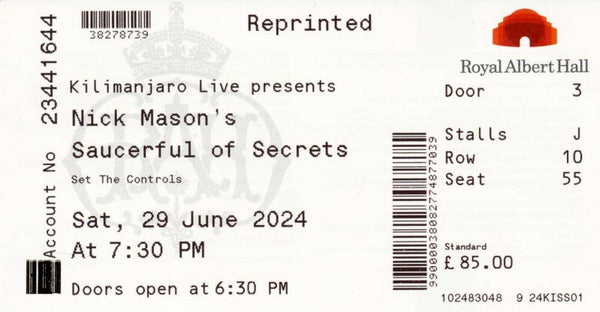 Nick Mason's Saucerful Of Secrets - Royal Albert Hall, London, 29 June 2024 [UK] - Ticket Stub