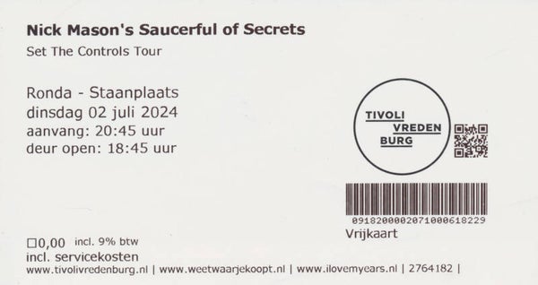 Nick Mason's Saucerful Of Secrets - Tivoli Vredenburg, Utrecht, 2 July 2024 [Holland] - Guest Ticket Stub