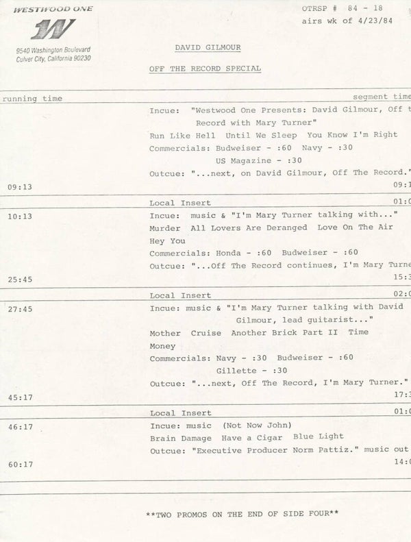 David Gilmour - Off The Record Special - Show #84-18 [USA, radio show promo] - 2LP