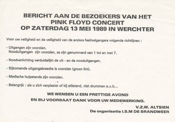 Pink Floyd - Werchter - 13 May 1989 [Belgium] - Leaflet