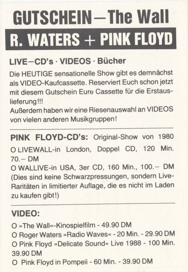 Pink Floyd - The Wall - Gutschein - 1990 [Germany] - Brochure