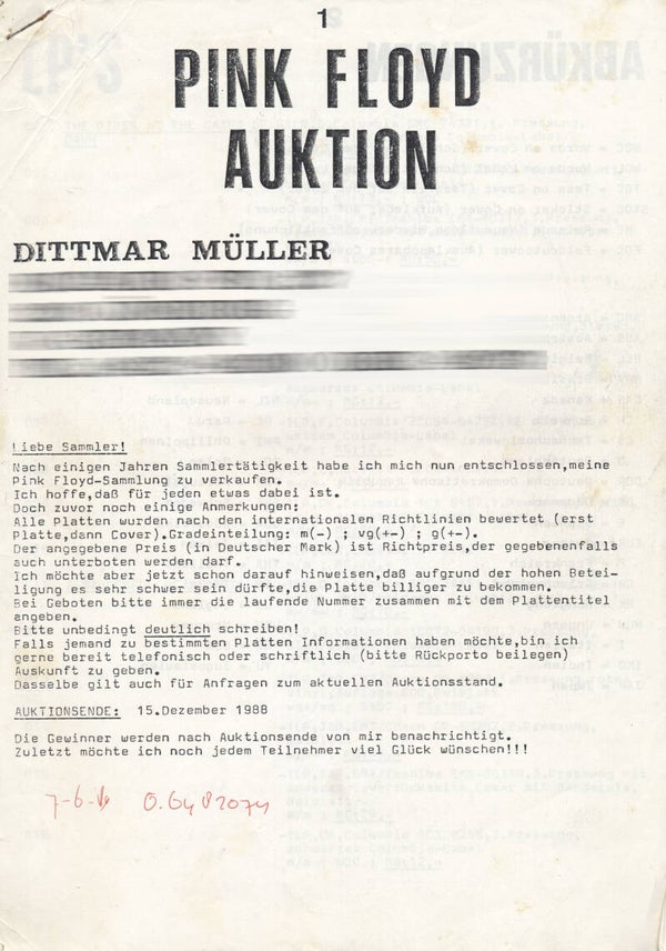 Pink Floyd - Pink Floyd Auktion - 1988 [Germany] - Catalogue