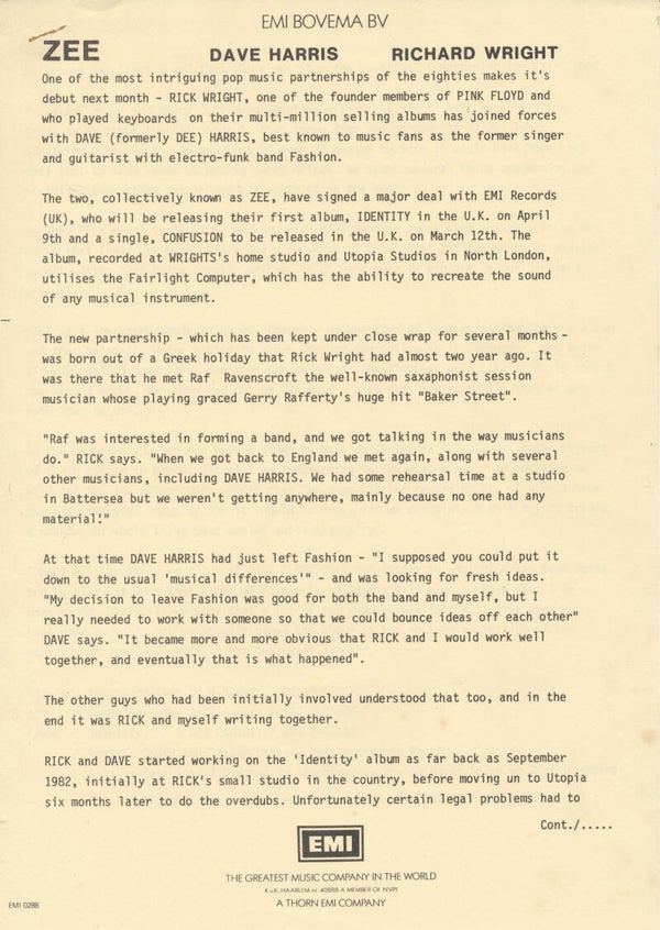 Zee - Identity - 1984 [Holland] - Press Release