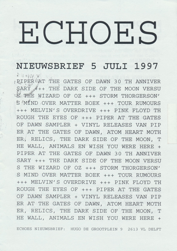 Pink Floyd - Echoes Nieuwsbrief 5 - July 1997 [Holland] - Fanzine